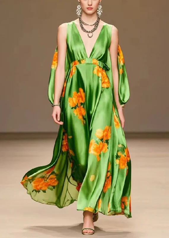 flowy dressWomen Tea Green V Neck Print Silk Long Dresses Summer