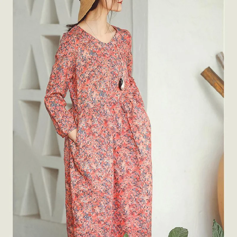 luxury dressbaggy red print linen dress plus size clothing holiday dresses vintage long sleeve baggy dresses O neck midi dress