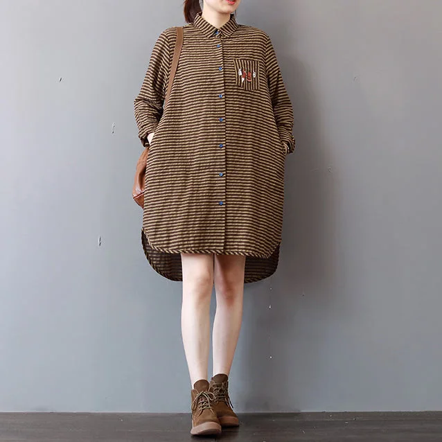 lace dressElegant khaki striped linen knee dress plus size linen cotton dress lapel collar Fine low high design natural linen dress