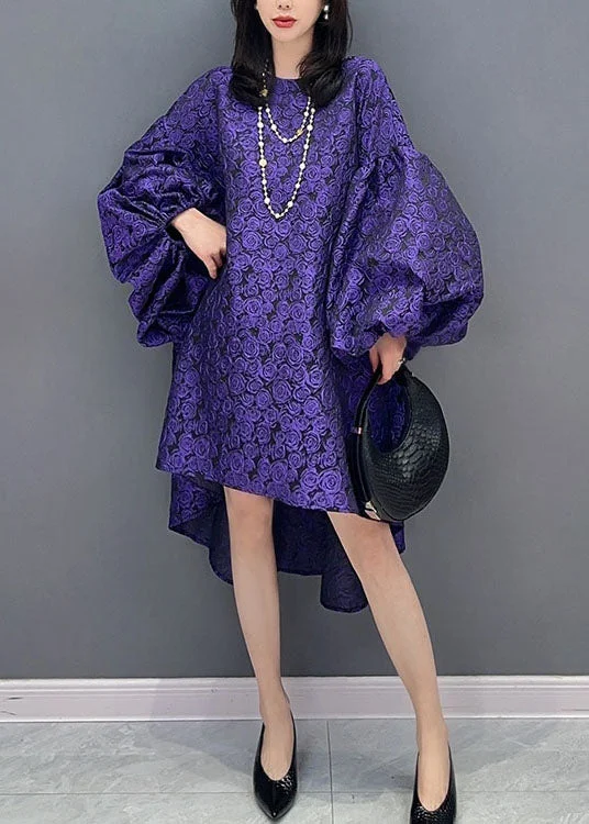 spaghetti strap dressModern Purple O Neck Wrinkled Patchwork Cotton Dress Lantern Sleeve