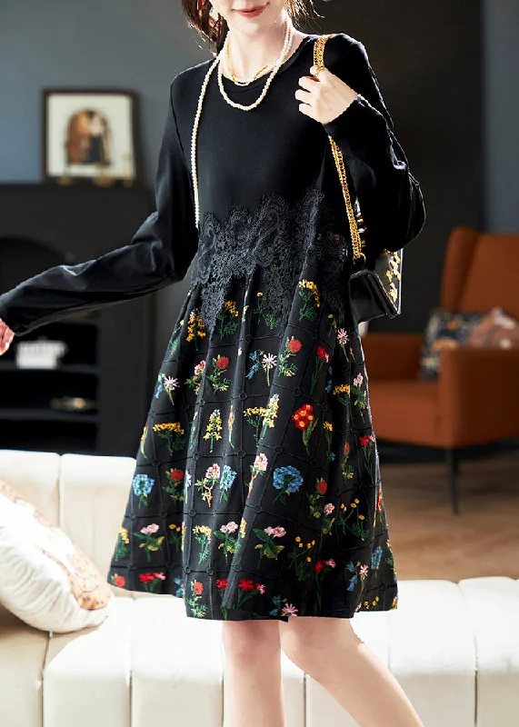 flowy maxi dressFashion Black Embroidered Lace Patchwork Cotton Dress Spring