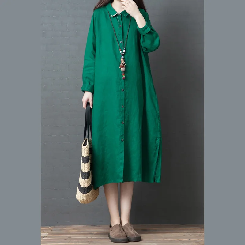 casual slip dressOrganic green linen Robes Indian Online Shopping lapel collar linen robes shirt Dress