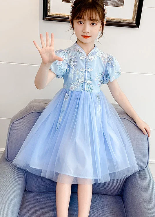 sleeveless dressChinese Style Blue Stand Collar Embroideried Patchwork Chiffon Kids Girls Dress Summer