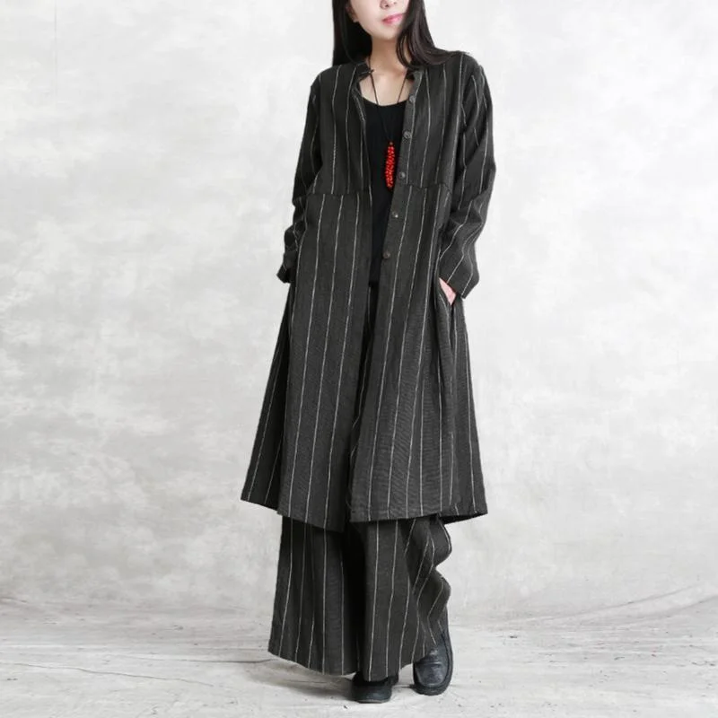 pleated dressFine dark gray striped linen blouse plus size linen two pieces Fine long sleeve pockets patchwork cotton tops and vintage baggy pants