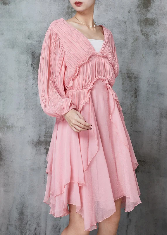 comfy dressWomen Pink Ruffled Wrinkled Chiffon Mid Dress Spring