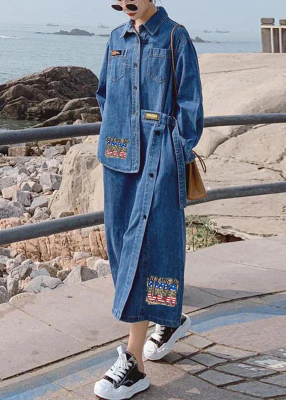 A-line dressLoose Blue-blue dot Pockets Button asymmetrical design Fall Denim Long sleeve Long Dress