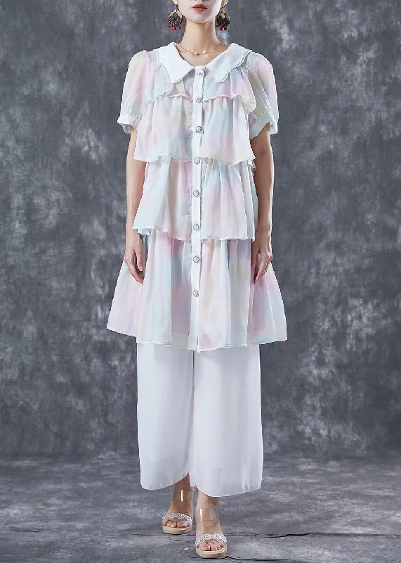 vintage-inspired dressCute Rainbow Peter Pan Collar Layered Ruffles Chiffon Dresses Summer