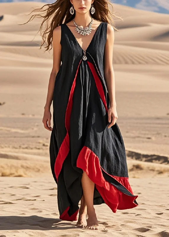 off-the-shoulder dressPlus Size Black Asymmetrical Patchwork Cotton Sundress Summer