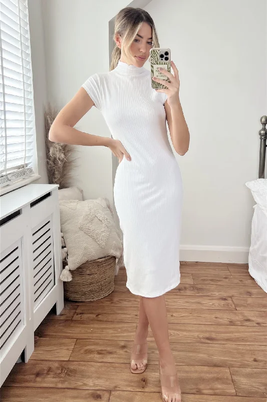 ruched dressCap Sleeve High Neck Bodycon Ribbed Midi Dress In White