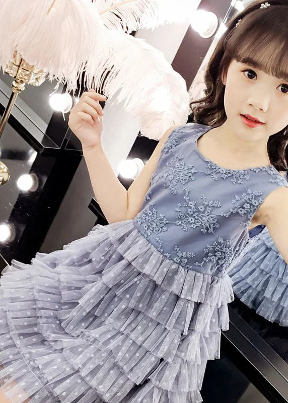 shift dressFashion Blue O-Neck Embroideried Dot Patchwork Tulle Girls Party Mid Dress Sleeveless