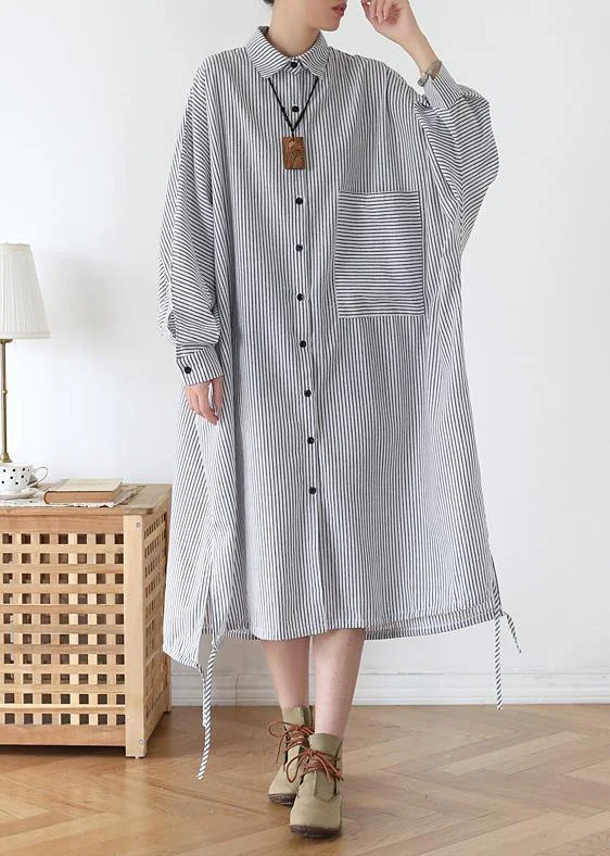 pleated dressChic white striped outfit lapel Batwing Sleeve Art fall  Dress