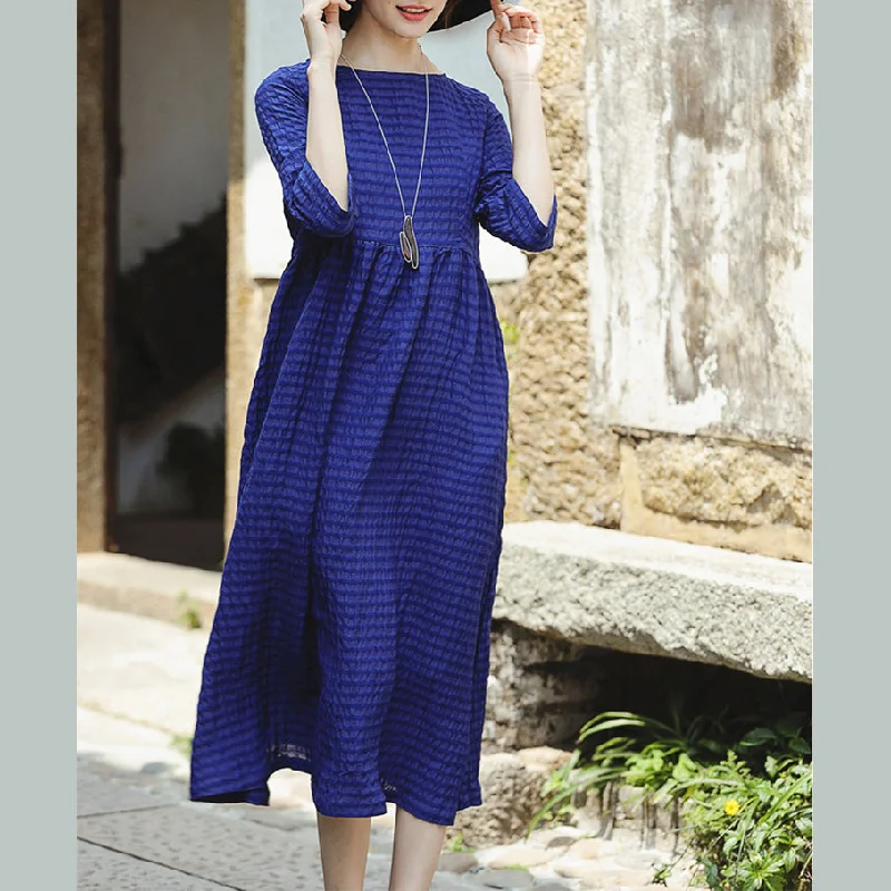 office dressFine blue silk linen dress plus size O neck baggy dresses New Half sleeve large hem silk linen dresses