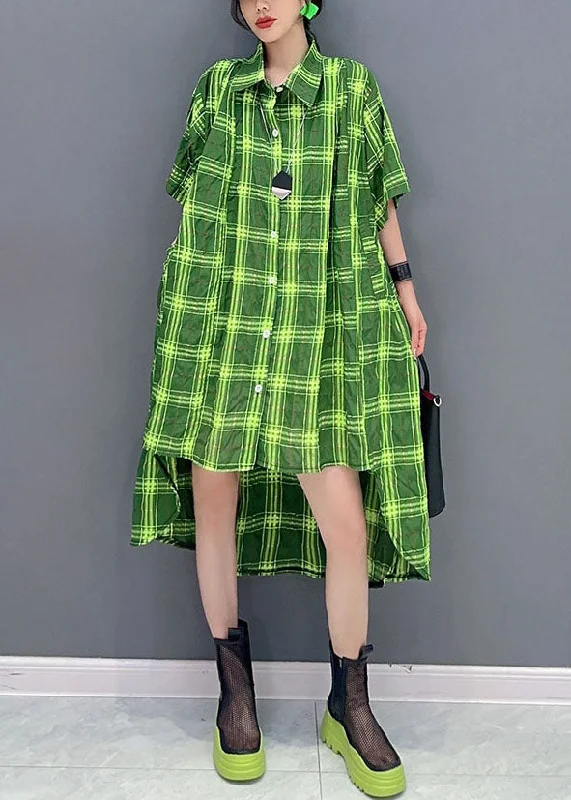 one-shoulder dressStylish Green Plaid Peter Pan Collar Patchwork Cotton Shirts Dress Summer