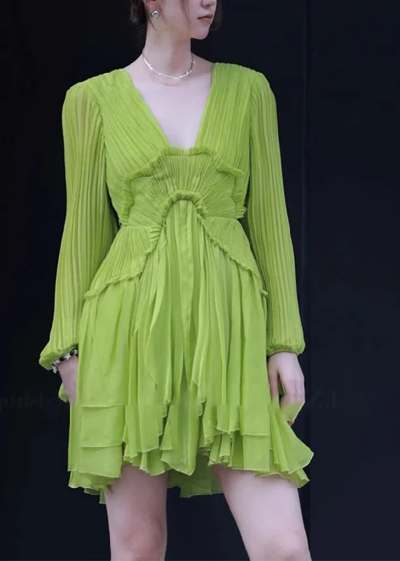 summer dressFine Green V Neck Ruffled Patchwork Mid Dresses Spring