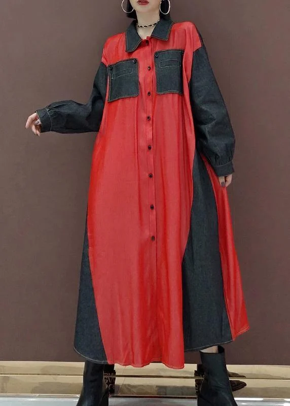 chic shift dressHandmade Lapel Patchwork Spring Long Dress Photography Red Kaftan Dress