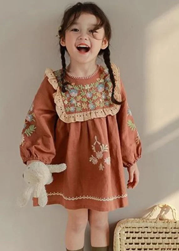 chic shift dressDIY Brick Red Embroideried Hollow Out Kids Mid Dress Fall