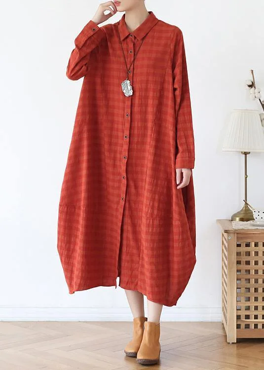 layered dressWomen orange red dresses lapel Button Down Maxi fall Dress