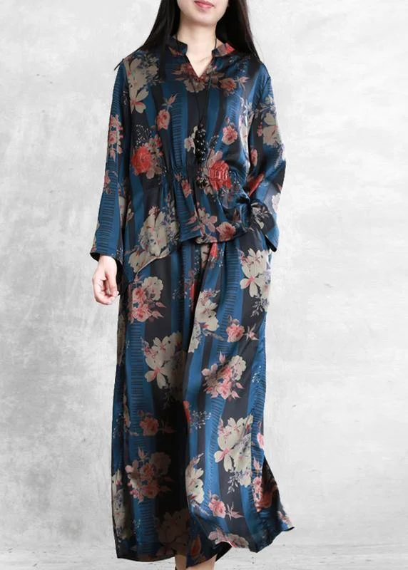 office dressOriginal Elegant Chiffon Blue Print Set Loose V-Neck Top + Casual Wide Leg Pants