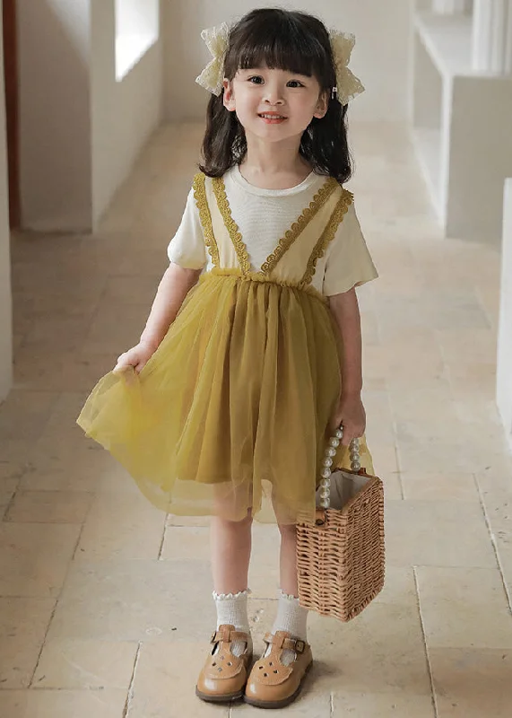 knit dressArt Green Ruffled Tulle Patchwork Kids Mid Dress Summer