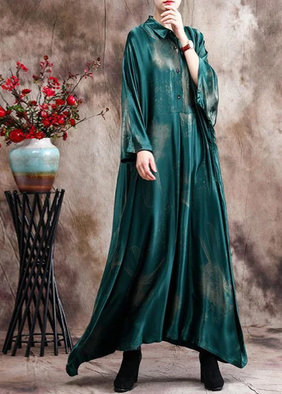 floral midi dressFrench Green Print Chiffon Dress Long Asymmetric Art Dress