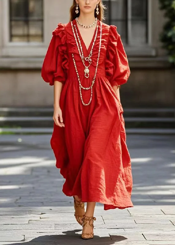 fitted dressStylish Red Ruffled Cotton Maxi Dress Lantern Sleeve