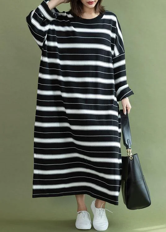 elegant dressDIY o neck baggy cotton quilting clothes Sewing black white striped Maxi Dress fall