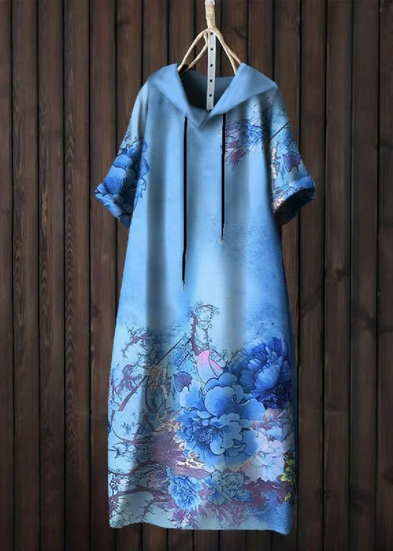 elegant evening dressUnique Blue Hooded Print Patchwork Cotton Dress Summer