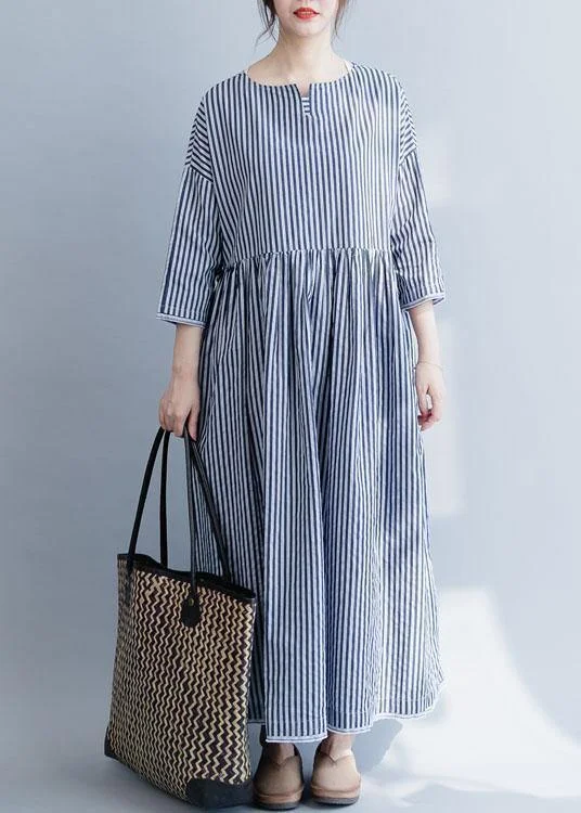 trendy wrap dress100% o neck half sleeve cotton dresses Neckline blue striped Maxi Dress fall