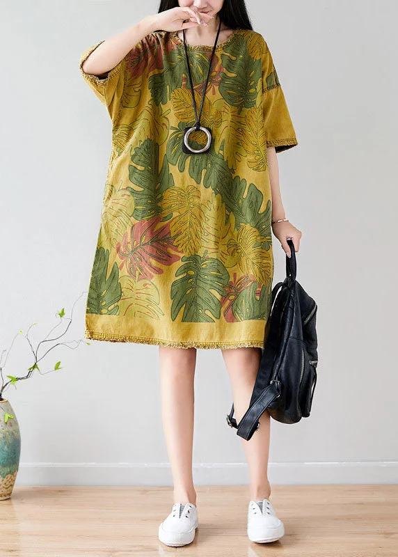 minimalistic dressFrench Yellow O-Neck Oversized Print Cotton Vacation Dresses Short Sleeve