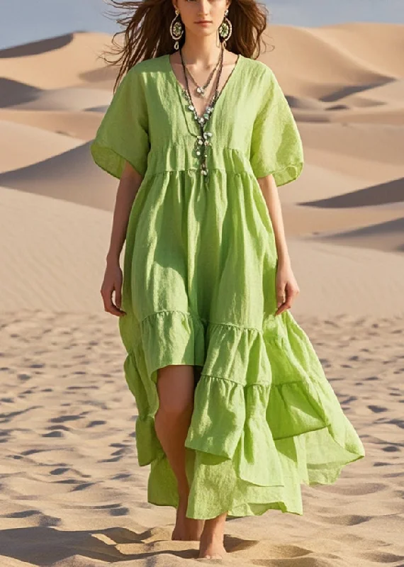 trendy bodycon dressArt Grass Green Asymmetrical Cotton Maxi Dresses Summer