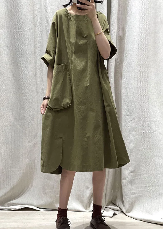 casual knit dressCasual Army Green O Neck Pockets Patchwork Cotton Mid Dress Summer