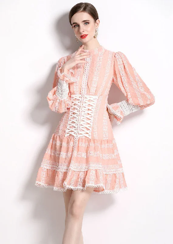 romantic dressChic Pink Hollow Out Embroideried Patchwork Chiffon Mid Dress Puff Sleeve