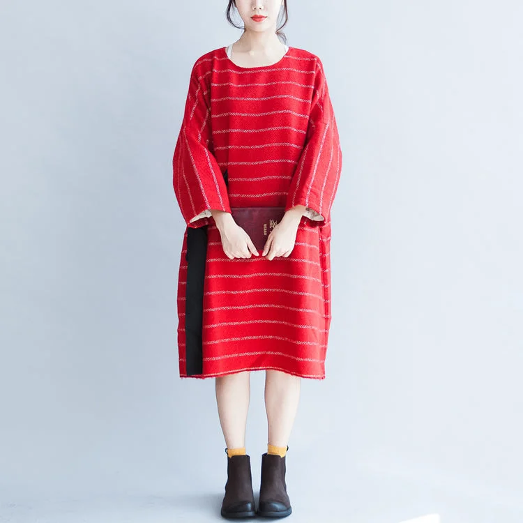 casual midi dressautumn plus size red striped cotton dresses tie waist long sleeve woolen casual dress