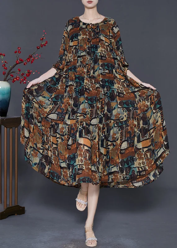 casual summer dressBoho Brown Oversized Print Chiffon Vacation Dresses Spring