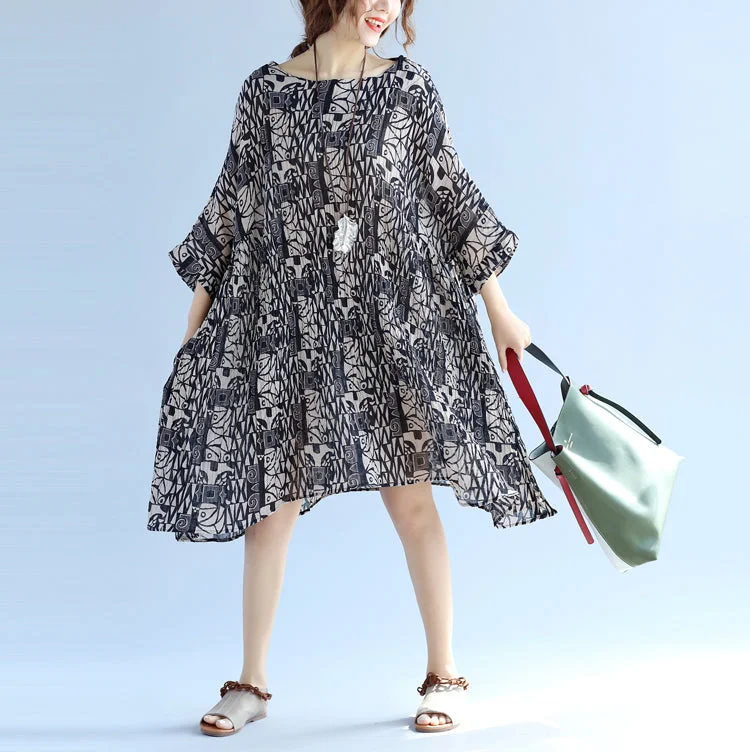 sleek midi dressElegant floral cotton linen knee dress oversized Batwing Sleeve large hem linen cotton dress casual O neck Cinched dresses