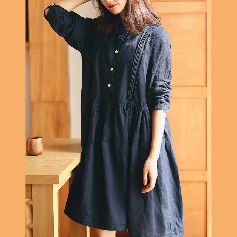 stylish party dressNew dark blue linen knee dress plus size traveling dress vintage long sleeve baggy dresses Stand Cinched linen dresses