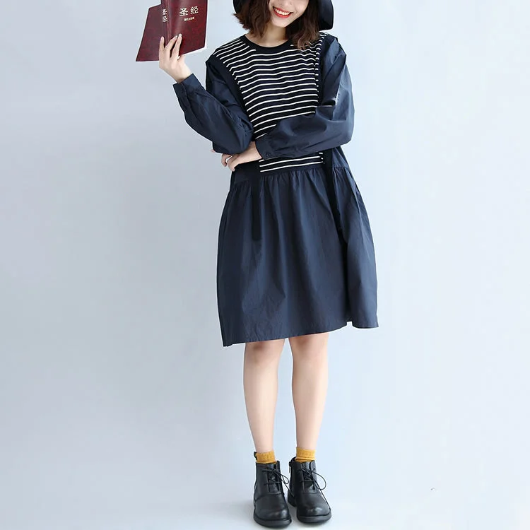 oversized dressautumn cotton patchwork knit striped dresses oversize elastic waist long sleeve mid dress