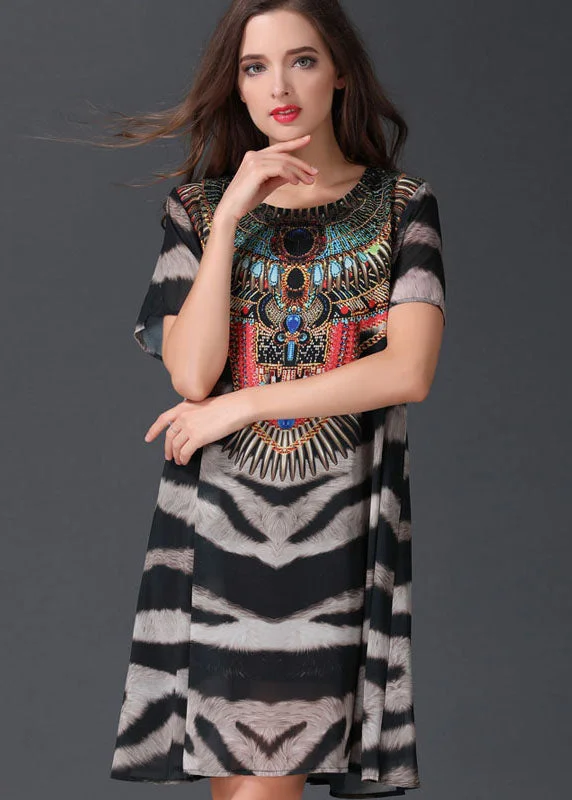 casual slip dressItalian Zebra Pattern O Neck Patchwork Chiffon Mid Dresses Summer