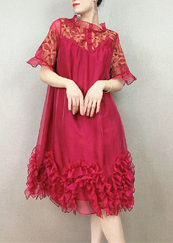 vintage-inspired dressRed Patchwork Tulle Party Dress Embroideried Ruffled Summer