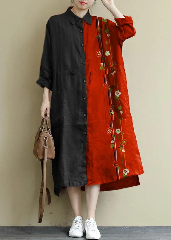 velvet dressred flower Linen Shirt Dress Casual Oversize Spring Maxi Dresses