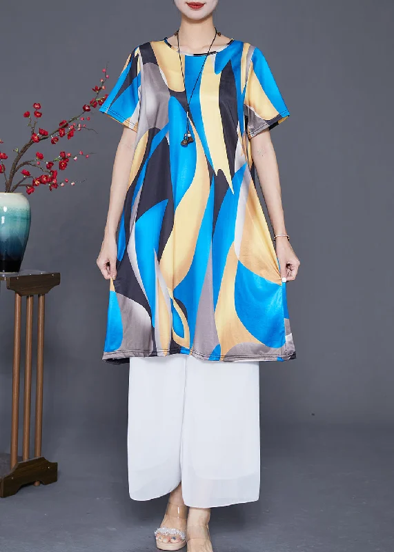 fitted dressBlack Blue Print Ice Silk Holiday Dress Oversized Draping Summer