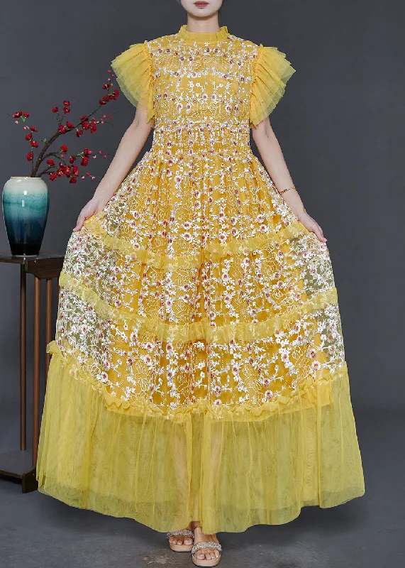 flowy maxi dressFrench Yellow Embroidered Patchwork Tulle Holiday Dress Summer