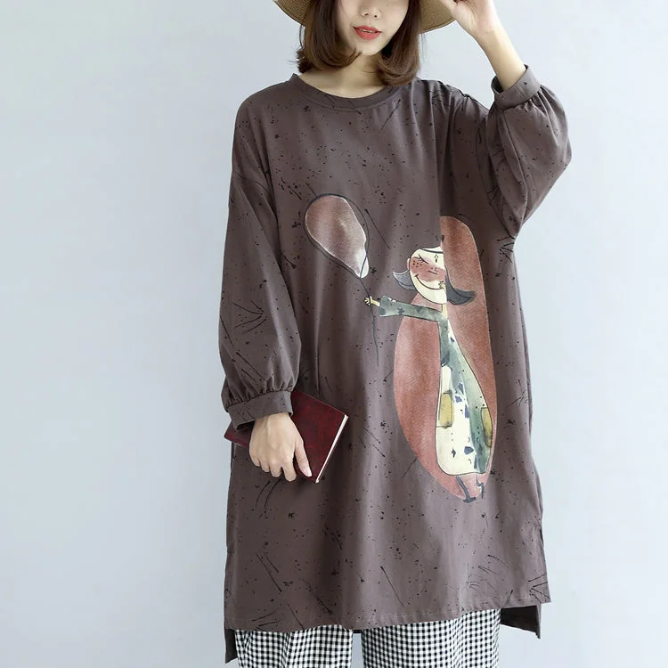 satin dressautumn warm khaki cartoon print cotton dresses plus size lantern sleeve pullover dress