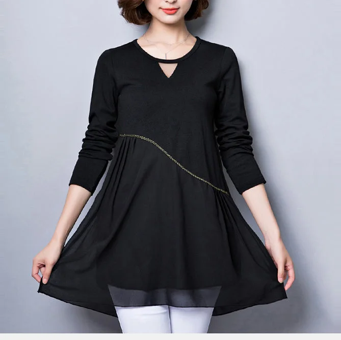 elegant dressbaggy loose black patchwork chiffon dresses plus size long sleeve casual dress