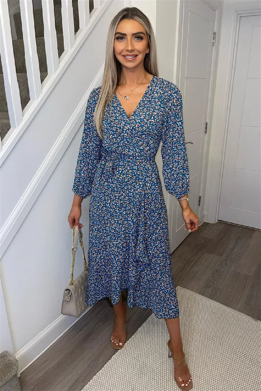 floral wrap dressFloral Print Long Sleeve Chiffon Midi Wrap Dress In Blue