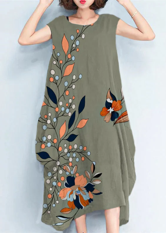 backless dress2024 Green Flowers natural cotton polyester dress oversize sleeveless traveling dress Elegant kaftans