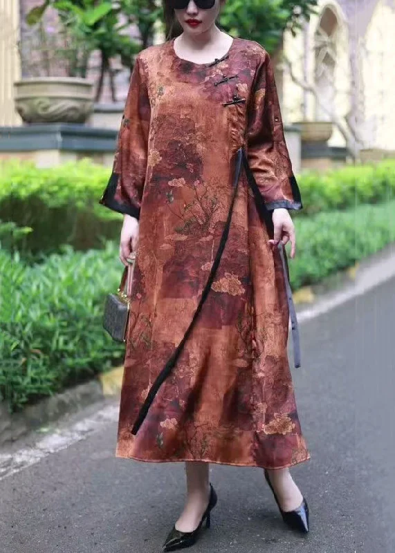 chic wrap dressLoose Brown Print Lace Up Silk Long Dresses Spring