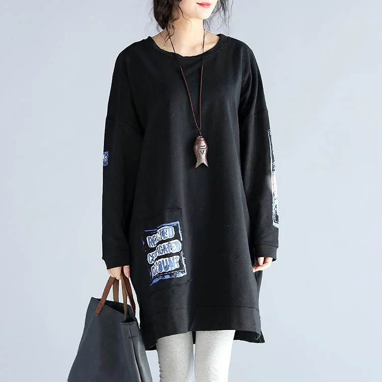 flowy maxi dressoversize casual autumn black cotton dresses loose prints long sleeve dress