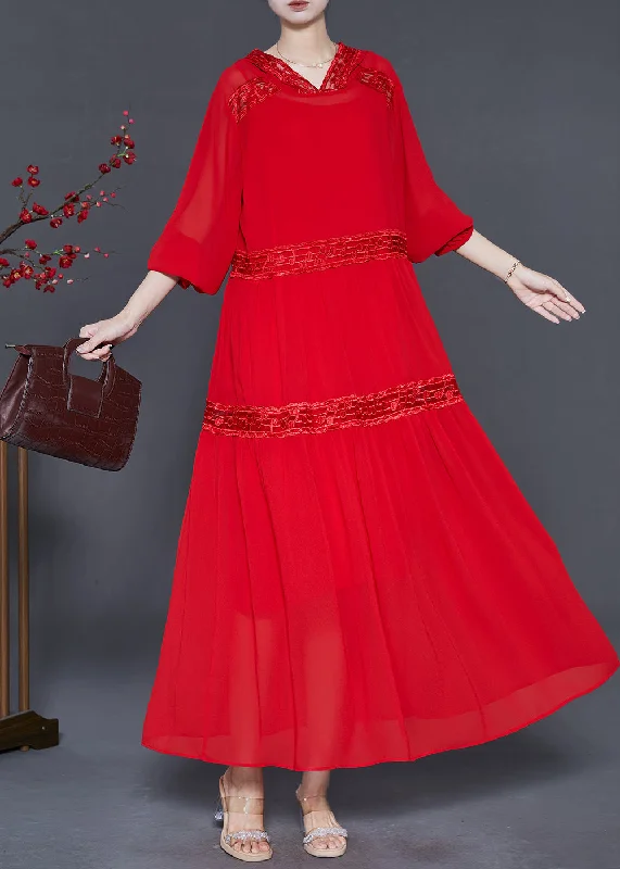 velvet dressSilm Fit Red Hooded Patchwork Lace Chiffon Robe Dresses Spring