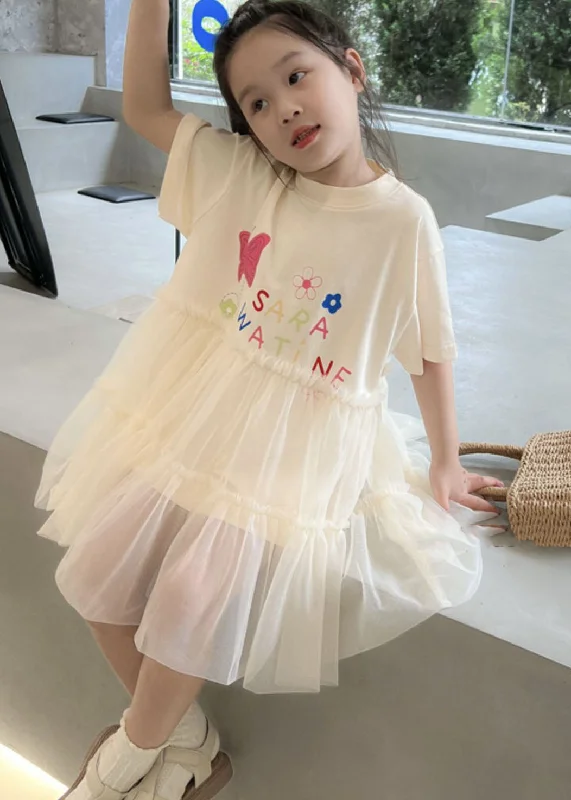 floral wrap dressCasual White O Neck Ruffled Patchwork Tulle Kids Girls Dresses Summer